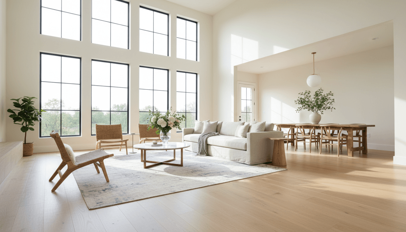 Bright modern living room in new construction home with large windows and contemporary finishes