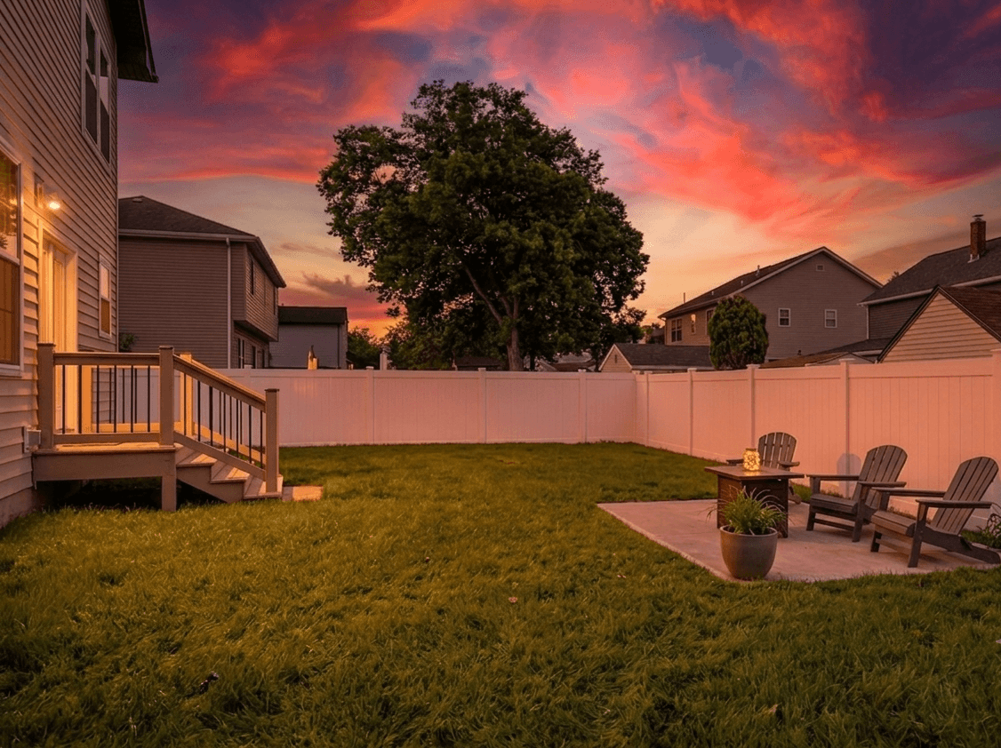 Suburban backyard featuring a white fence and patio furniture under a fiery sunset sky.