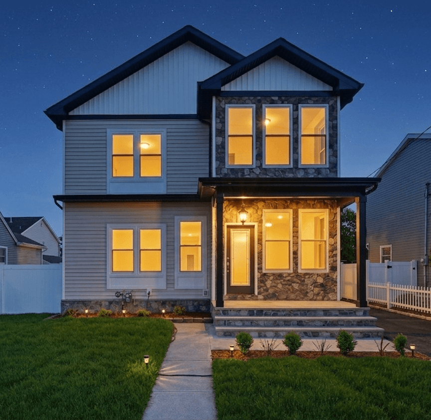 Modern two-story house with stone accents and glowing windows under a starry night sky.
